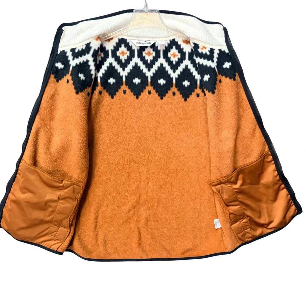 Lands' End Fair Isle Sherpa Fleece Jacket Orange Large 14-16 Geometric‎